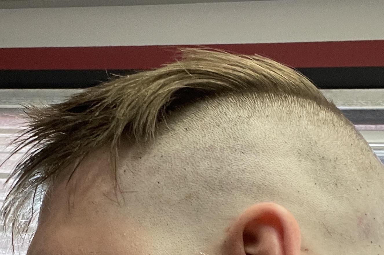 Close-up of a crisp skin fade blended into a longer textured top